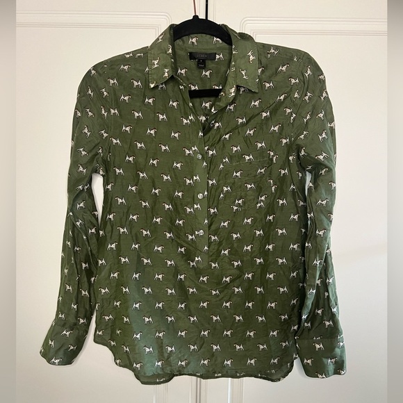 J. Crew Tops - J. Crew Airedale Terrier Print Silk Cotton Half Button Down